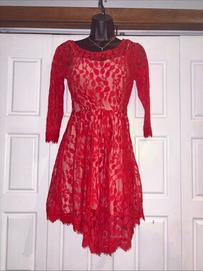Free People Red Floral Lace Long Sleeve Dress